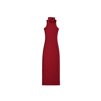 Red Skinny Sexy Turtleneck Midi Dress Women Evening Party Ladies Elastic Hip Wrap Elegant Bodycon Dresses Y2k Clothing