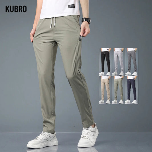 KUBRO Ice Silk Men's Pants 2023 Summer  Black Gray Thin Business Casual Pants Outdoor Elastic Breathable Straight Leg Sweatpants