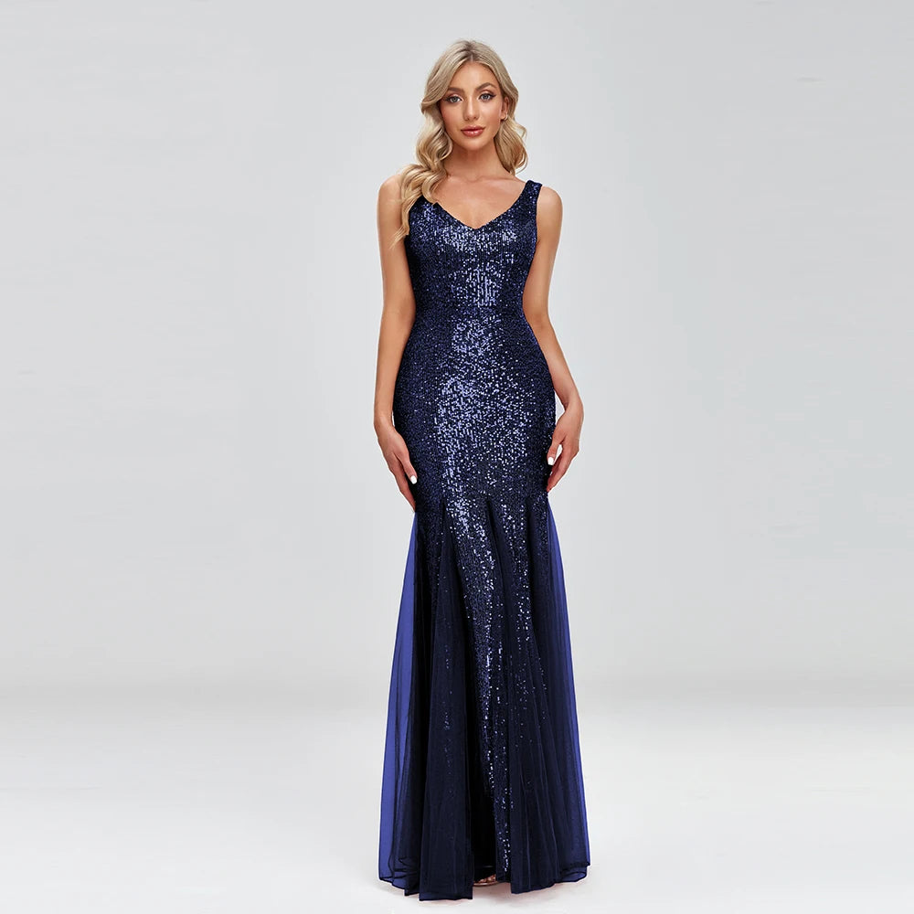 2023 New Women Elegant Double V-neck Cocktail  Dress Sexy Mermaid Sequin Women Floor length Party Dress Sexy Evening Vestido De