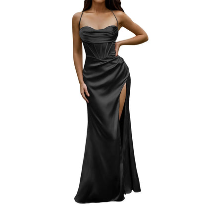 Spaghetti Strap Satin Corset Dress for Women Evening Dresses Vestidos Fishbone Push Up Elegant Women Bodycon Party Long Dress