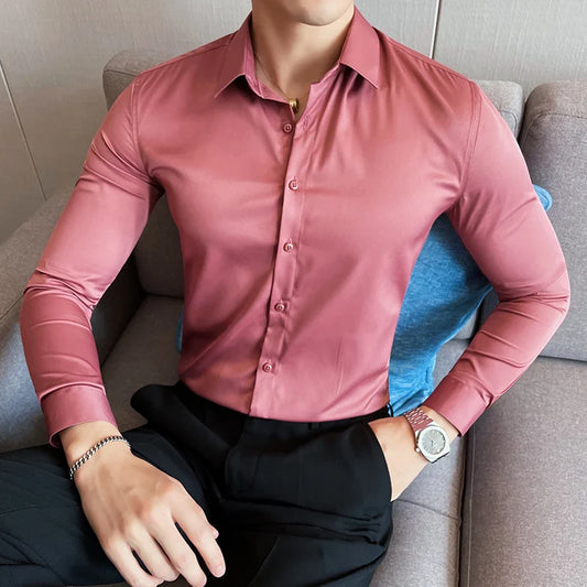 10Color High Quality Solid Dress Shirt Men Simple Long Sleeve Slim Fit Business Shirts Homme Social Casual Shirt Plus Size 5XL-M