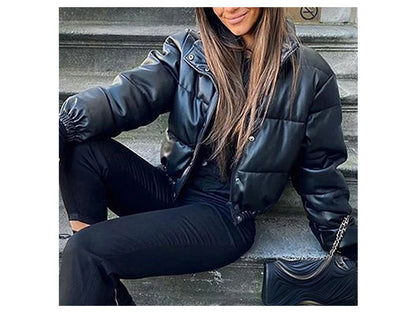 Jocoo Jolee Winter Thick Warm Cropped Puffer Jacket Women Black PU Leather Parkas Elegant Zipper Coat Cotton Padded Punk Outwear