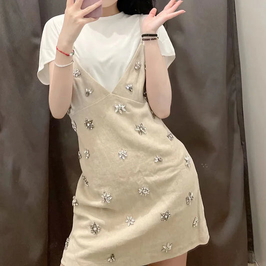 Handmade Diamond-Studded Suspender Dress for Women European American Retro Style Solid Color Hot for Summer 2024 Casual Dress