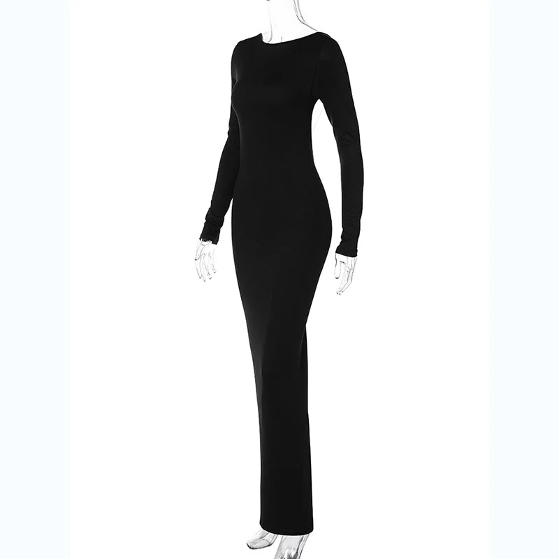 Hugcitar Spring Elegant Long Sleeve Backless Solid Cuched Sexy Bodycon Maxi Prom Dress Women Outfit Evening Party Festival Y2K