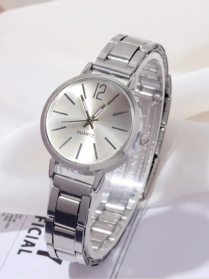 2pcs Women's Fashion Simple Silver Steel Band Quartz Watch+LOVE Bracelet Set