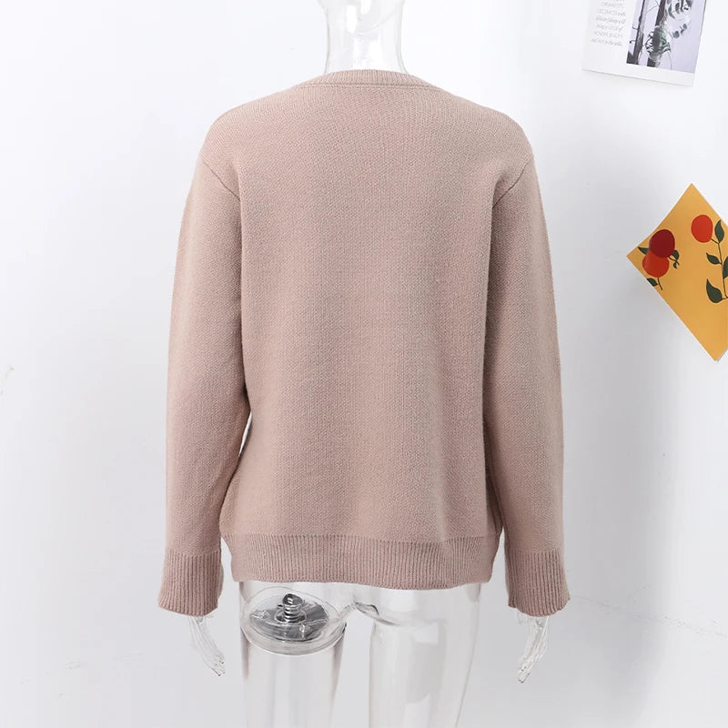 Casual Knit Single Breasted Cardigan Women Long Flare Sleeve Slim Round Neck Solid Pocket Jacket Top 2024 Autumn Lady Knitwear ﻿