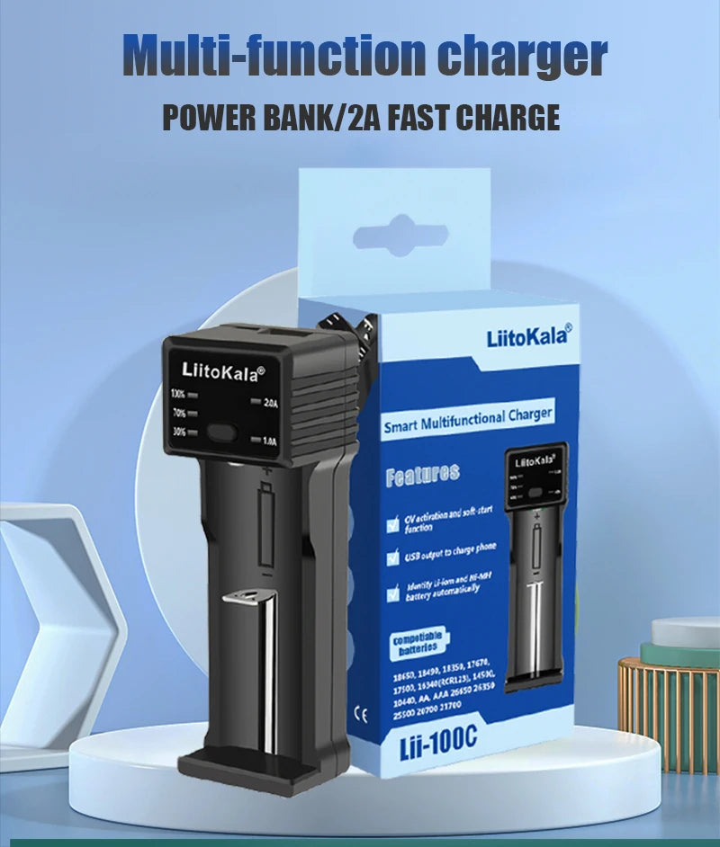 LiitoKala Lii-100C Lii-100 Battery Charger For 18650 18350 26650 16340 RCR123 14500 3.7V 1.2V Ni-MH Ni-Cd 2A USB Smart Charger