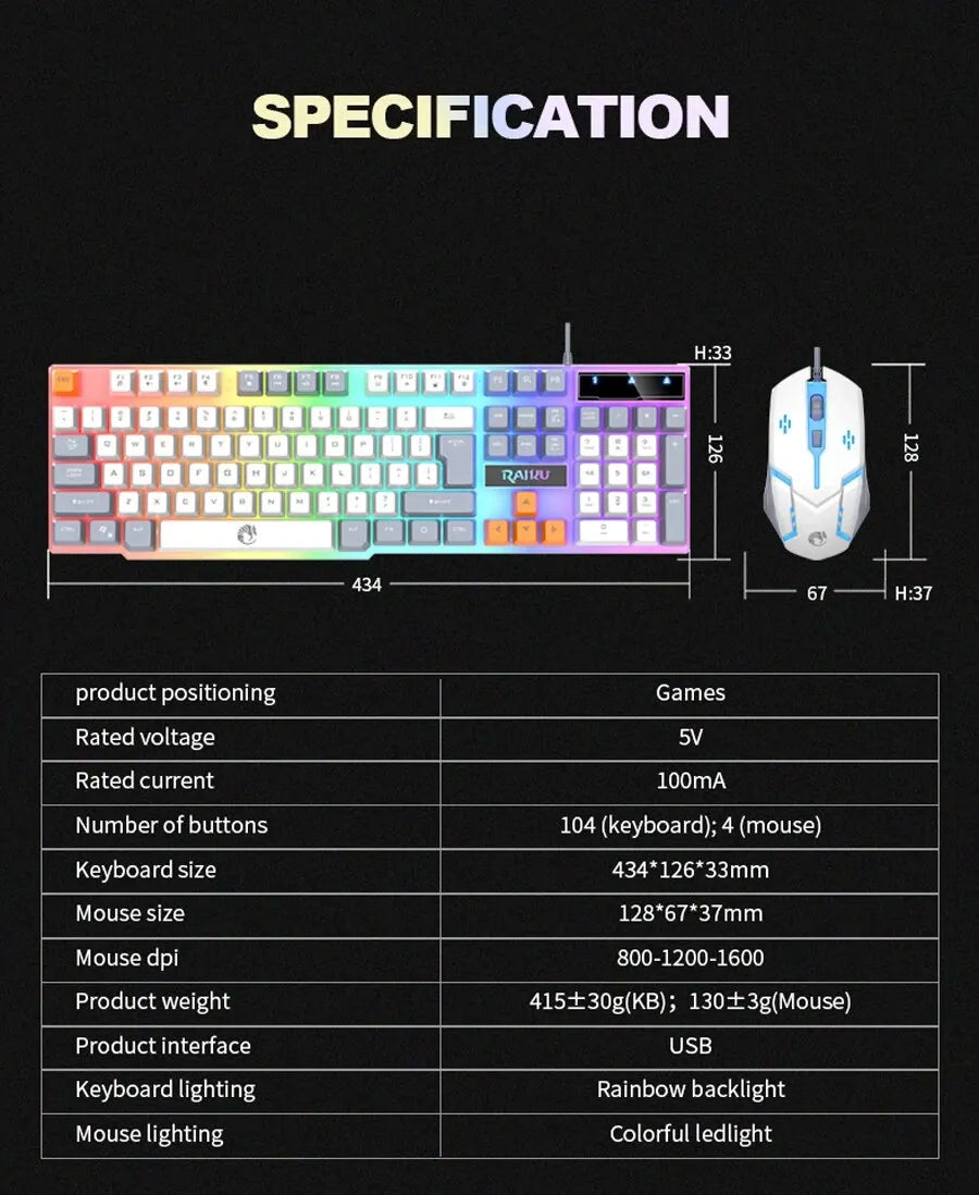 RAIKU T26 Wired 104 Keys Membrane Keyboard And Mouse Suit Kinds of Colorful Lighting Gaming and Office For Windows and IOS