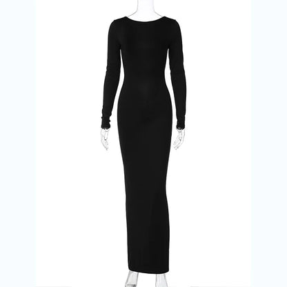 Hugcitar Spring Elegant Long Sleeve Backless Solid Cuched Sexy Bodycon Maxi Prom Dress Women Outfit Evening Party Festival Y2K