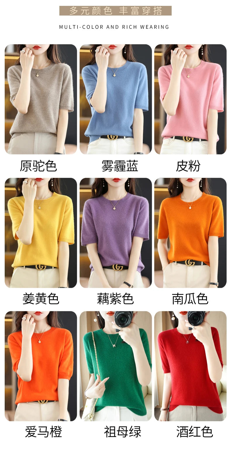 New Short-sleeved Knitwear Women O-neck T-shirt Wool Cotton Blend Pullover Vest Sprig Summer Bottoming Tops Sweater Solid Soft