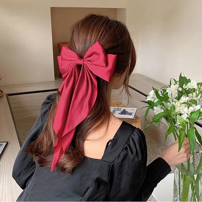 Korean Accessories Hair Clips for Women Girls Big Bowknot Solid Satin Long Ribbon Bows Spring Clamp Barette Cheveux Femme 2023