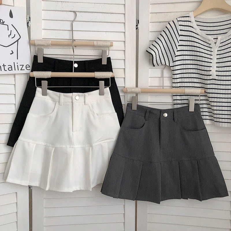 Pleated Skirts Women High Waist Korean Style Summer Solid All-match College Temperament Ulzzang Fashion Mini Sweet Ins Casual