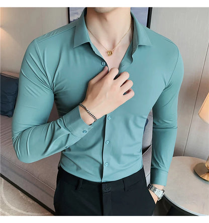 Plus Size 4XL-M High Elasticity Seamless Shirts Men Long Sleeve Top Quality Slim Casual Luxury Shirt Social Formal Dress Shirts