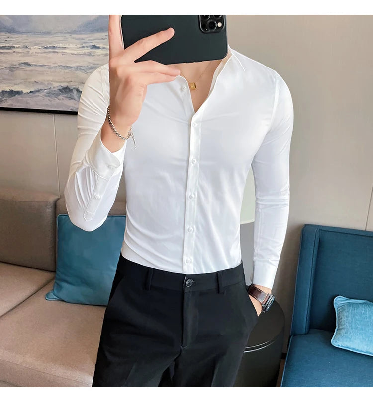 10Color High Quality Solid Dress Shirt Men Simple Long Sleeve Slim Fit Business Shirts Homme Social Casual Shirt Plus Size 5XL-M