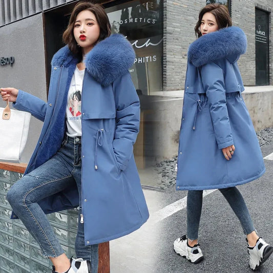 Women Winter Jacket Parka Clothes Loose Long Coat Wool Liner Hooded Jacket Fur Collar Warm Thick Snow Wear Oversize Padded Parka