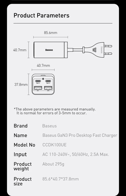 Baseus 65W/100W GaN Charger Desktop Laptop Fast Charger 4 in 1 Adapter For iPhone 15 14 13 Pro Max Phone Charger Xiaomi Samsung