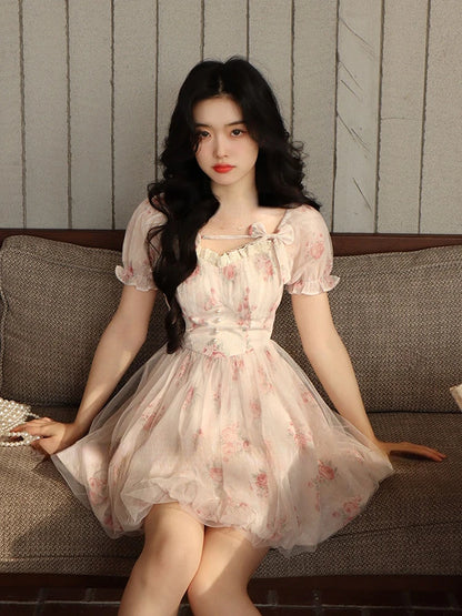 Jielur Lolita Pink Y2k Mini Dress Woman Beach Short Sleeve Floral Dress New Korean Fashion Casual Sweet Short Party Dress Summer