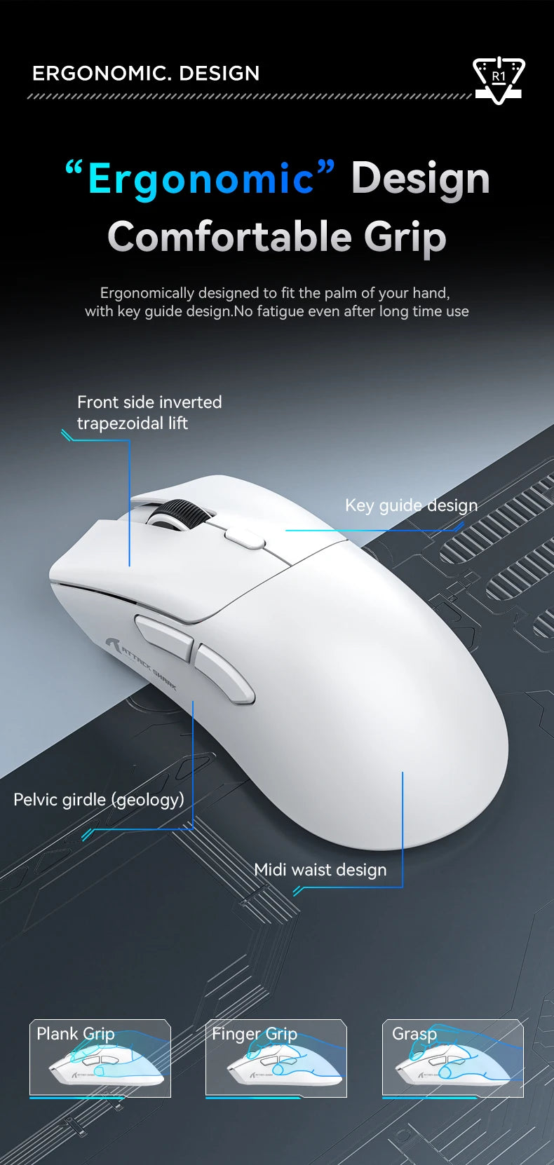 R1 Superlight Mouse Bluetooth 2.4G Wireless Gaming Mouse PixArt PAW3311 Gaming Sensor 6 Adjustable DPI for Office Game