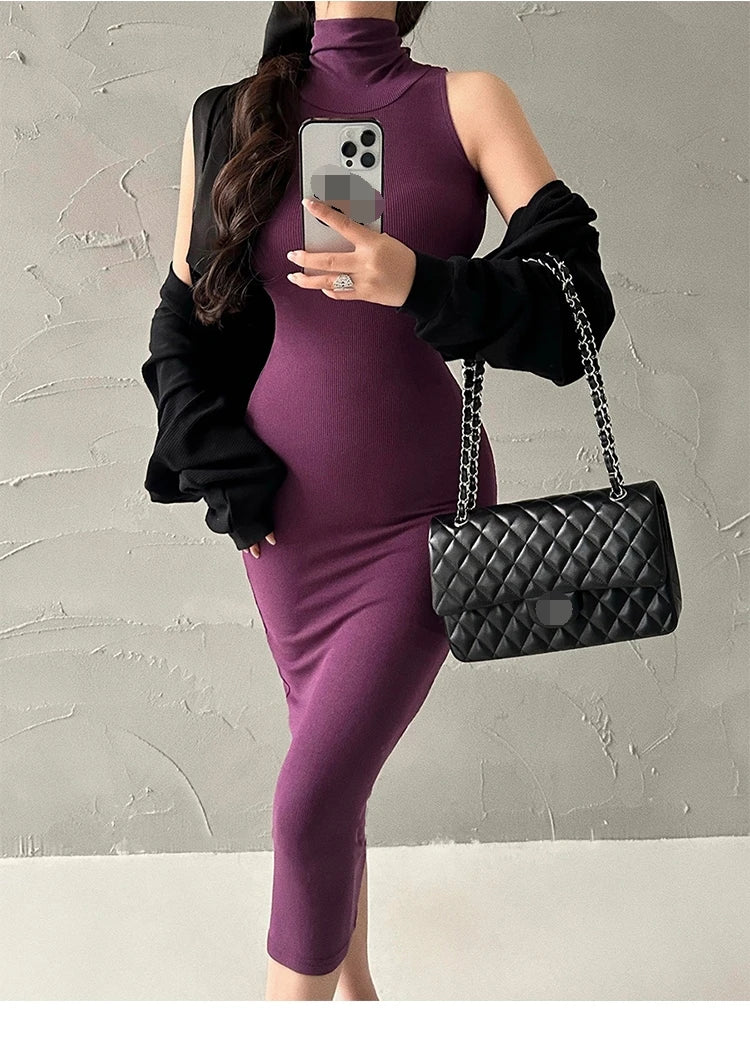 Red Skinny Sexy Turtleneck Midi Dress Women Evening Party Ladies Elastic Hip Wrap Elegant Bodycon Dresses Y2k Clothing