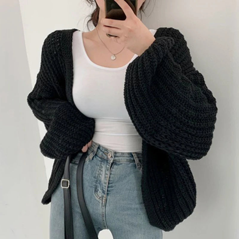 Vintage Harajuku Lantern Sleeve Mulheres Cardigan Sweater Casual Coreano Outono Streetwear Tops Casaco Chic Lazy Wind Sweater Y2k