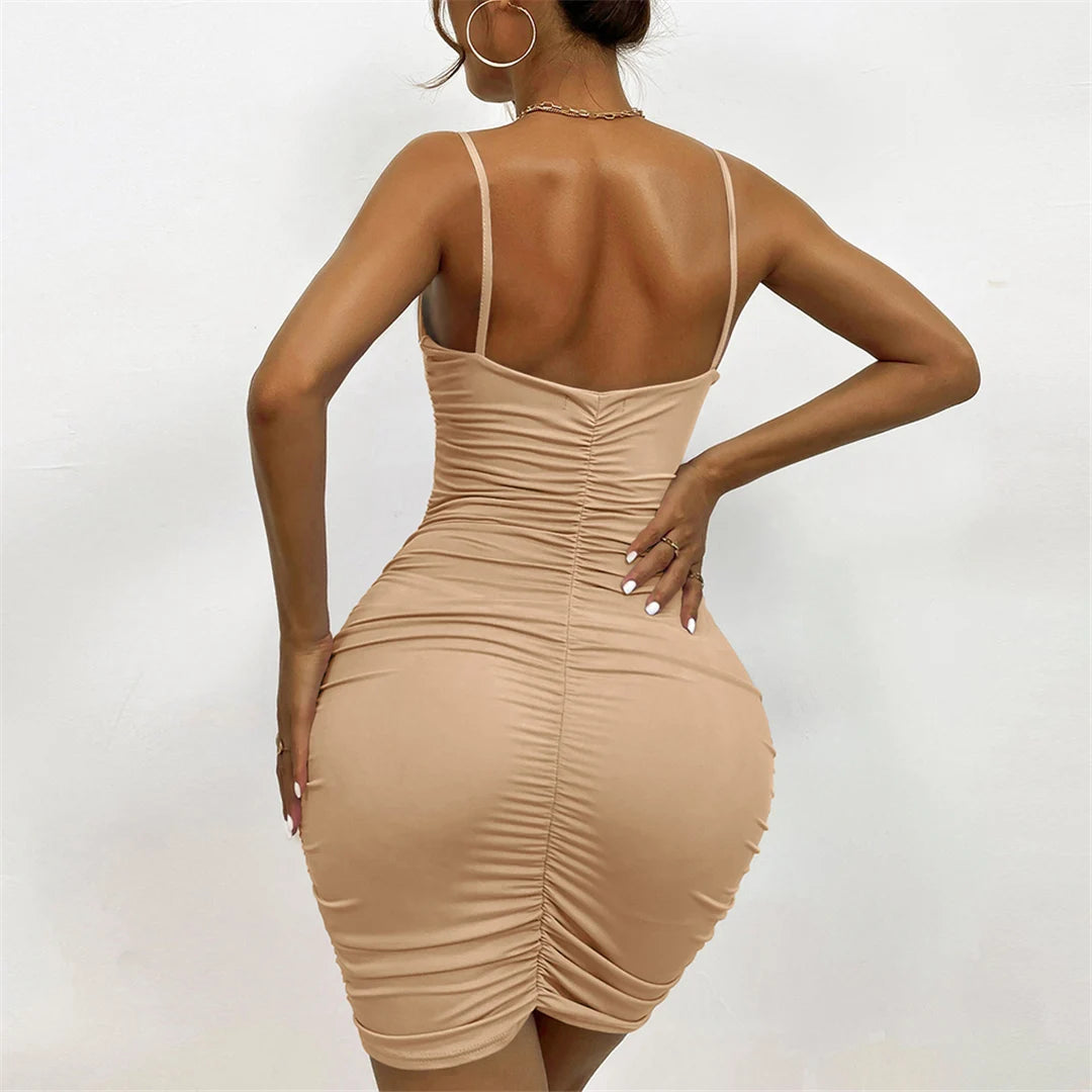 6 Color Sexy Wrinkled Pleated V Neck Sling Dress Short Club Ladies 2024 Summer Bodycon Dress Evening Party Tight Mini Dress D007