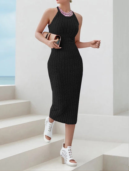 Solid Halter Neck Bodycon Midi Dress High-end temperament vest halter dress women's summer new high-waist slim temperament slim