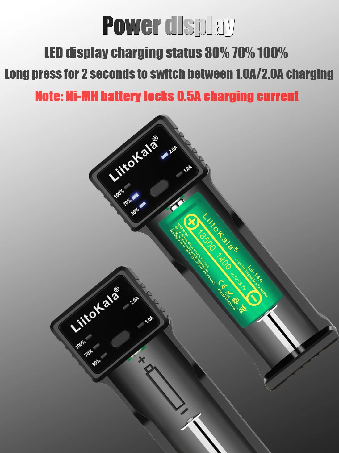 LiitoKala Lii-100C Lii-100 Battery Charger For 18650 18350 26650 16340 RCR123 14500 3.7V 1.2V Ni-MH Ni-Cd 2A USB Smart Charger