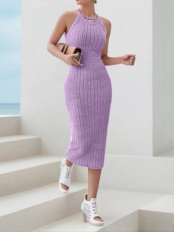 Solid Halter Neck Bodycon Midi Dress High-end temperament vest halter dress women's summer new high-waist slim temperament slim