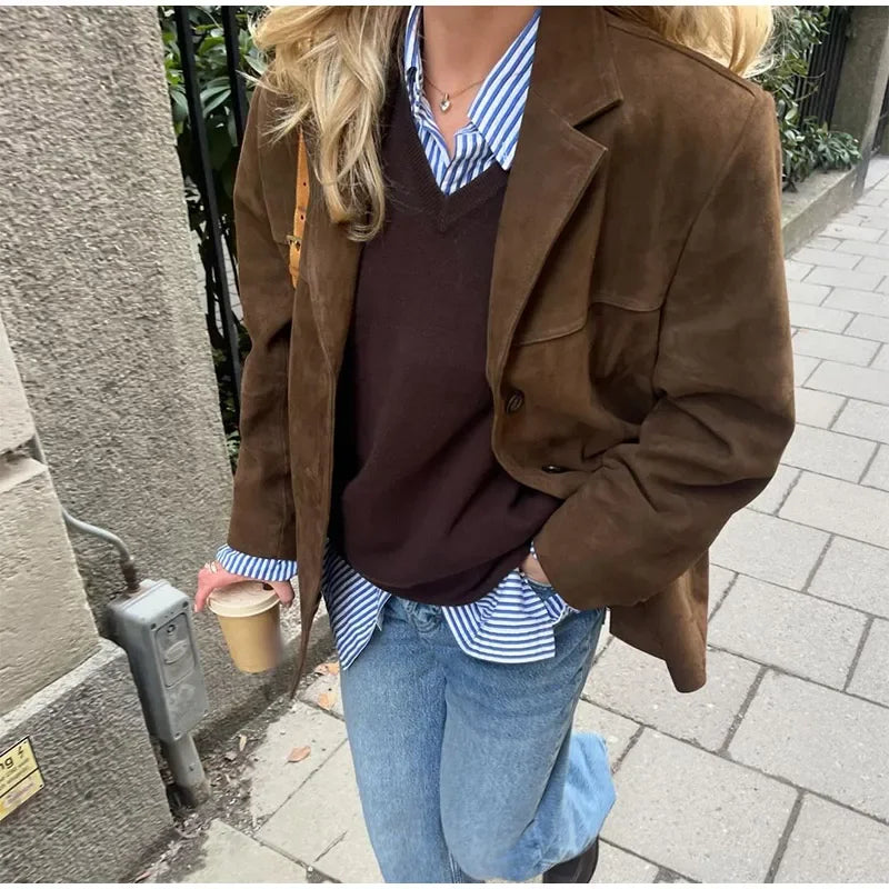 Casual Brown Lapel Pocket Suede Leather Jacket Fashion Woman Single Button Long Sleeve Crop Coat 2024 Lady Autumn Street Outwear