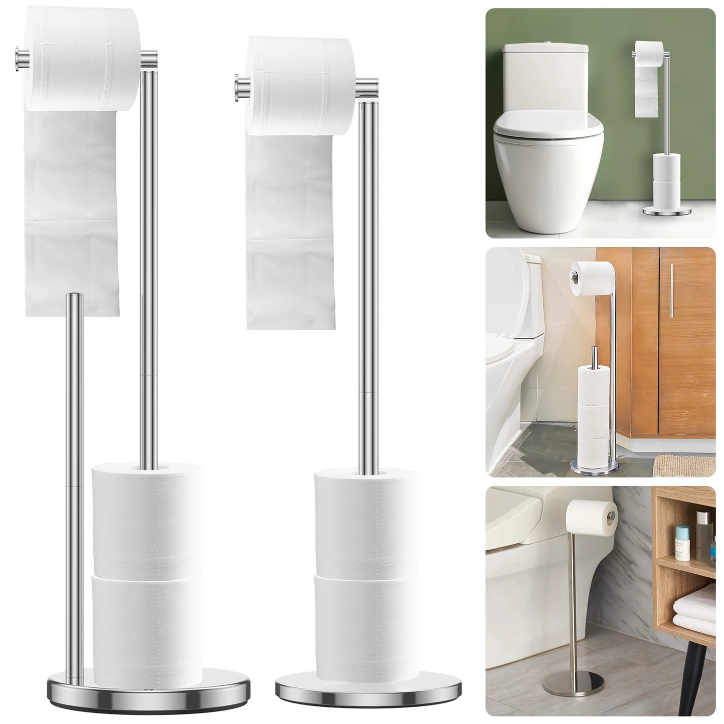 Freestanding Toilet Roll Holders Stainless Steel Toilet Paper Stand Anti-Rust Space Bathroom Tissue Rack Paper Dispenser Storage