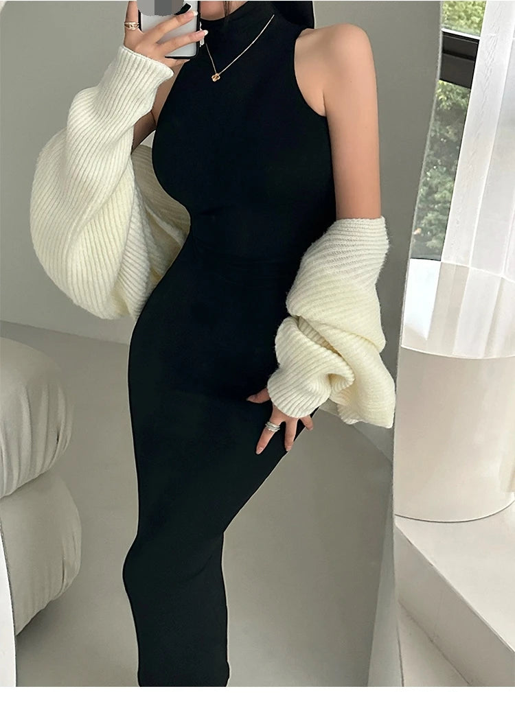 Red Skinny Sexy Turtleneck Midi Dress Women Evening Party Ladies Elastic Hip Wrap Elegant Bodycon Dresses Y2k Clothing